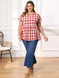 GRACE & GRANDEUR Plus Size Gingham Tops for Women 1950s Plaid Notch V Neck Short Sleeve Blouse Babydoll Peplum Summer Top