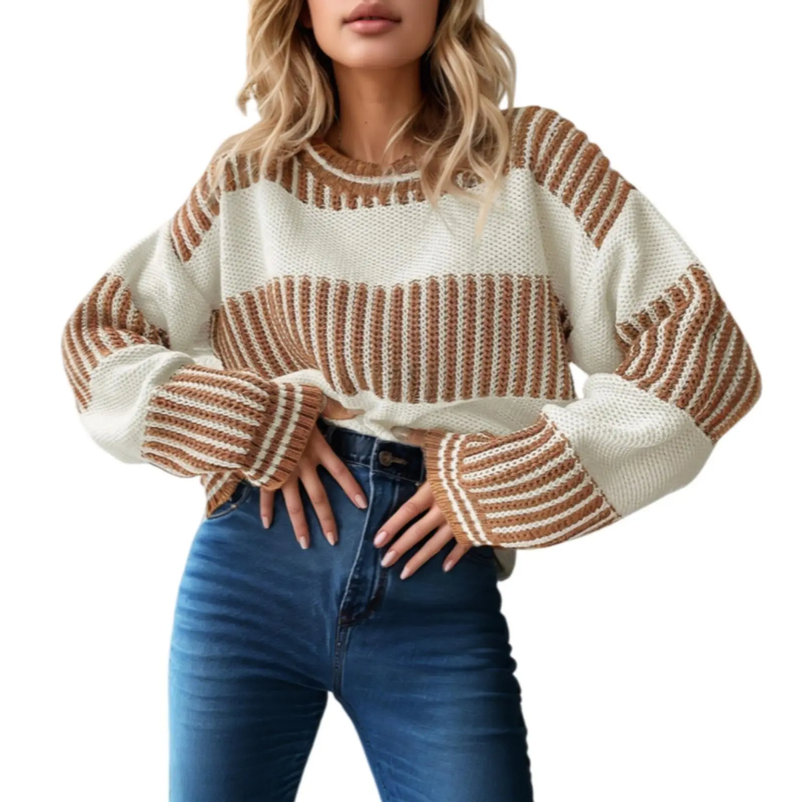 Asvivid Women's Two Tone Striped Trim Patchwork Drop Shoulder Loose Sweater Fall Fashion Casual Color Block Knitwear Top Winter Outfits