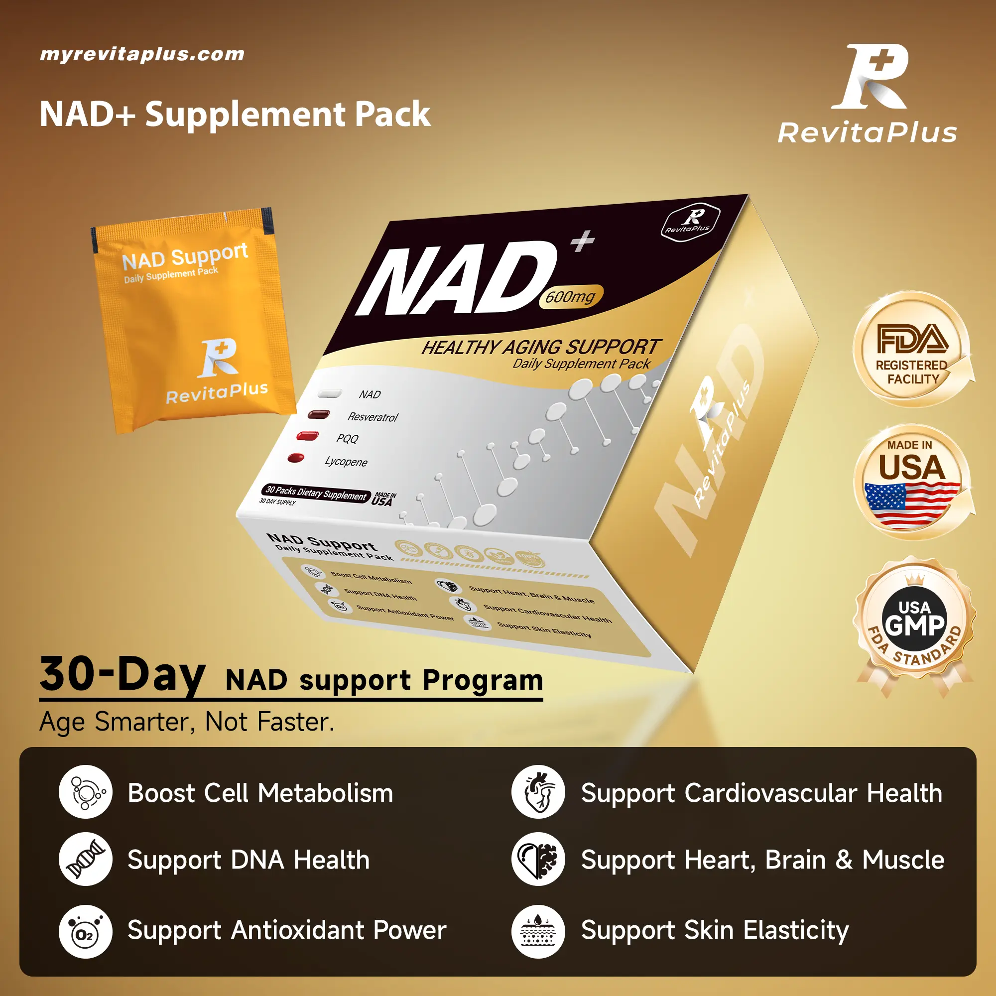 RevitaPlus Anti-Aging Supplement Pack | NAD Complex with Resveratrol, Lycopene & PQQ | Energy, Cellular Health & Healthy Aging Support | 30-Day All-in-One Wellness Pack