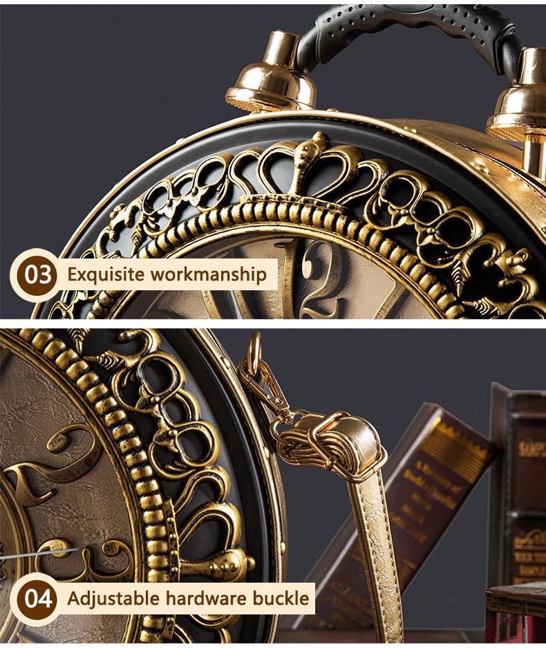 Ladies' Retro Roman Digital Clock Face Crossbody Bag with Adjustable Straps Golden Hardware Zipper Closure Bell-shaped Design Large Dial Black Hands Casual Flap Pocket