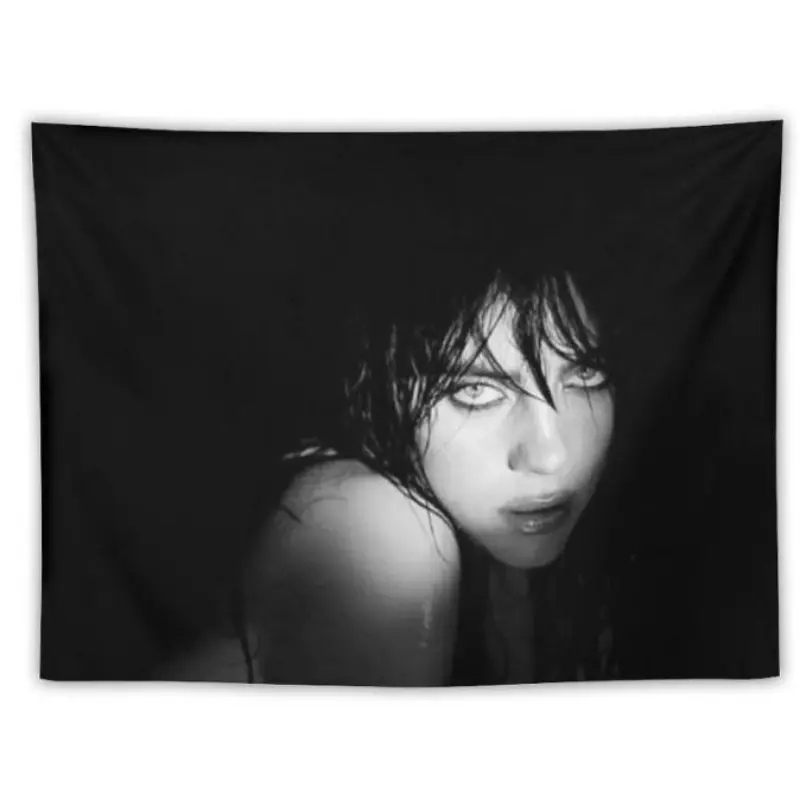 1pc Billie Flag Music Album Art Print Tapestry - 40x60in Black-White Portrait with Blush Pink Accents, 100% Synthetic Polyester Peach Light Beige Fabric, Horizontal Photo Artistic Decoration for Living Room Room Decor, Hand-Wash Safe Fan Gift