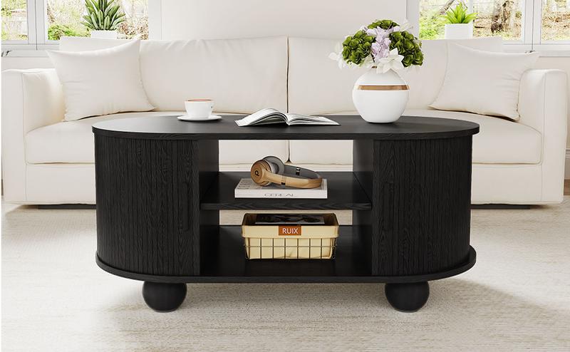 Giratree Oval Coffee Table, Mid-Century Modern Coffee Table with Storage & Sliding Doors, Fluted Coffee Table Center Table for Living Room, Dining Room, Apartment, Home Office Giratree Oval Coffee Table, Mid-Century Modern Coffee Table with Storage & Sliding Doors, Fluted Coffee Table Center Table for Living Room, Dining Room, Apartment, Home Office