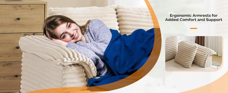 VINGLI 56" Oversized Chaise Lounge Chair, Comfy Corduroy Chaise Sofa Recliner Bed Upholstered Sleeper Couch Bed with Throw Pillows and Armrests for Living Room, Movie Room, Bedroom Upscale