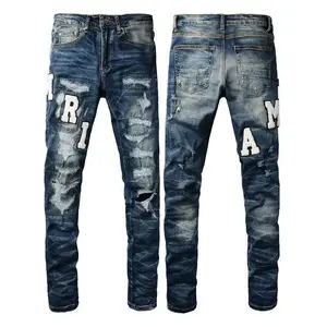 European And American High Street Men's Trendy Jeans Men's Embroidered Letter Ripped Patch Stretch Slim-fitting Pants