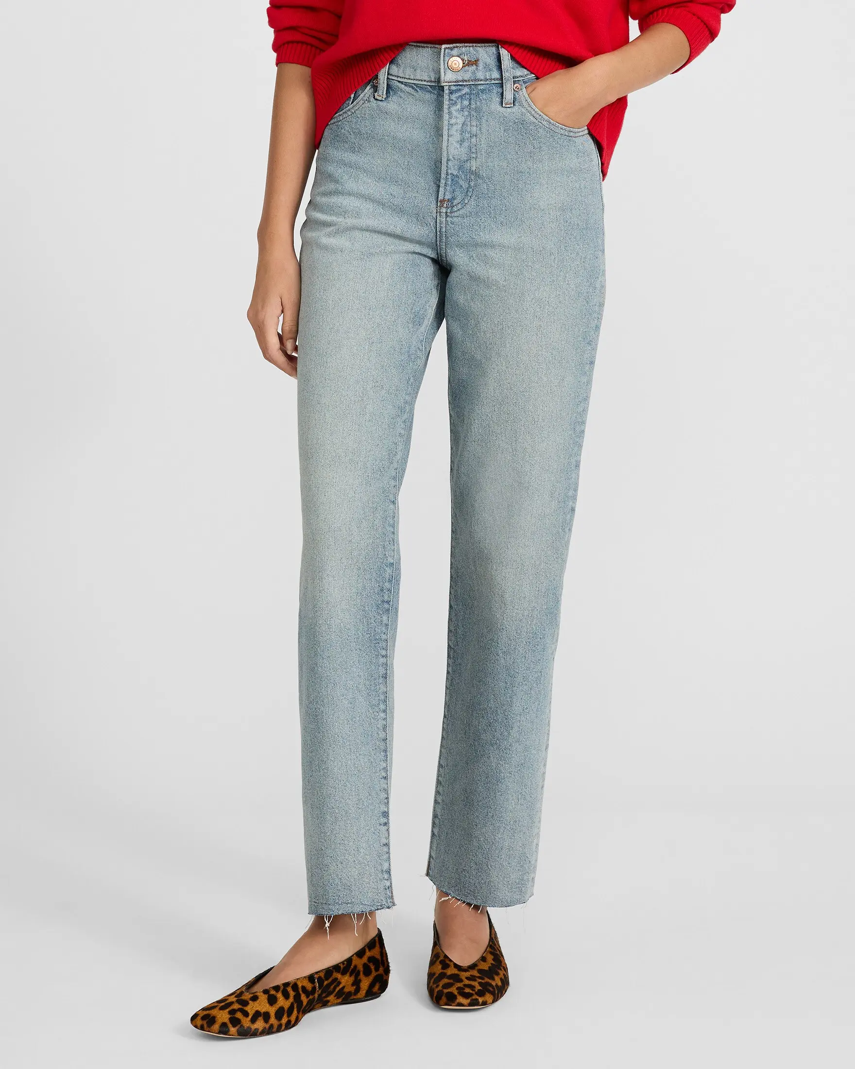 Express Women's High-Waisted Fitted Straight Cropped Ankle Light Wash Denim Jeans, Stylish Bottom Pants for Daily Wear