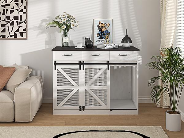 48 Inch Large Dog Crate Furniture with 3 Storage Drawers Wooden Pet Kennel Removable Divider Farmhouse Style Sliding Barn Door TV Stand