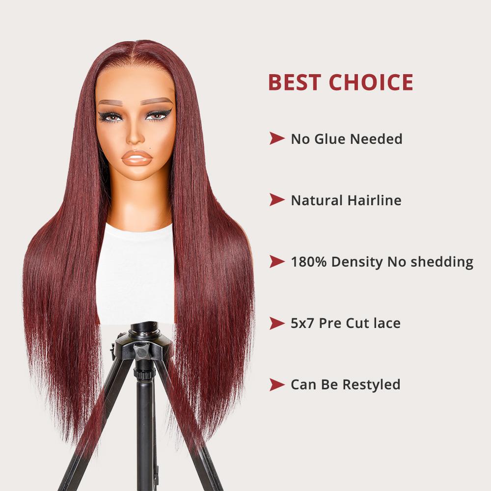 [Spring Musts] Wiggins Hair Cherry Cola Red Color Glueless Human Hair Wigs Straight Wig 5x7 Lace Closure Human Hair Pre Cut Pre Plucked Ready to Go Glueless Wigs WeeklyDeals #SpringStatements