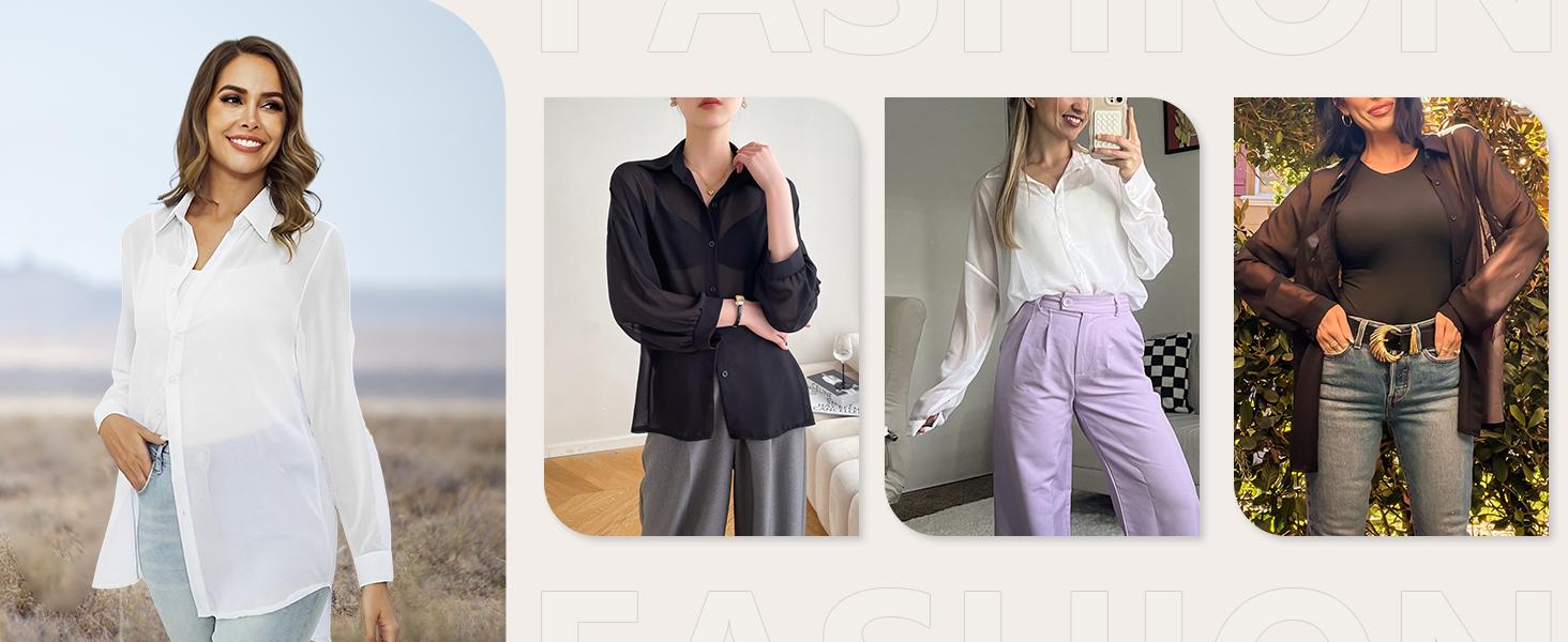 Sheer Tops for Women Sheer Button Up Blouse Long Sleeve Sexy See Through Tops Mesh Shirts