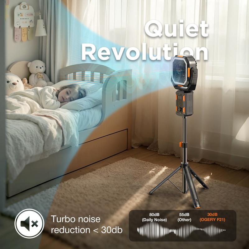 OGERY Camping Fan with Detachable Tripod, 20000mAh Rechargeable Fan with LED Lights & 270° Pivot,4 in 1 Cordless Camping Fan, Remote Control Shaking Head Desk Fan for Camping Tent Travel Bedroom Portable Motor