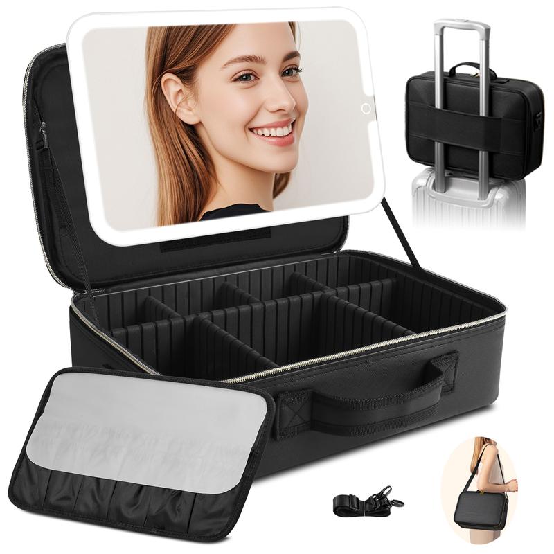 15''X11'' Large Makeup Bag With Removable Lighted Mirror, Professional Travel Makeup Train Case PU Leather Cosmetic Make Up Organizer With Adjustable Dividers & Brush Storage Board