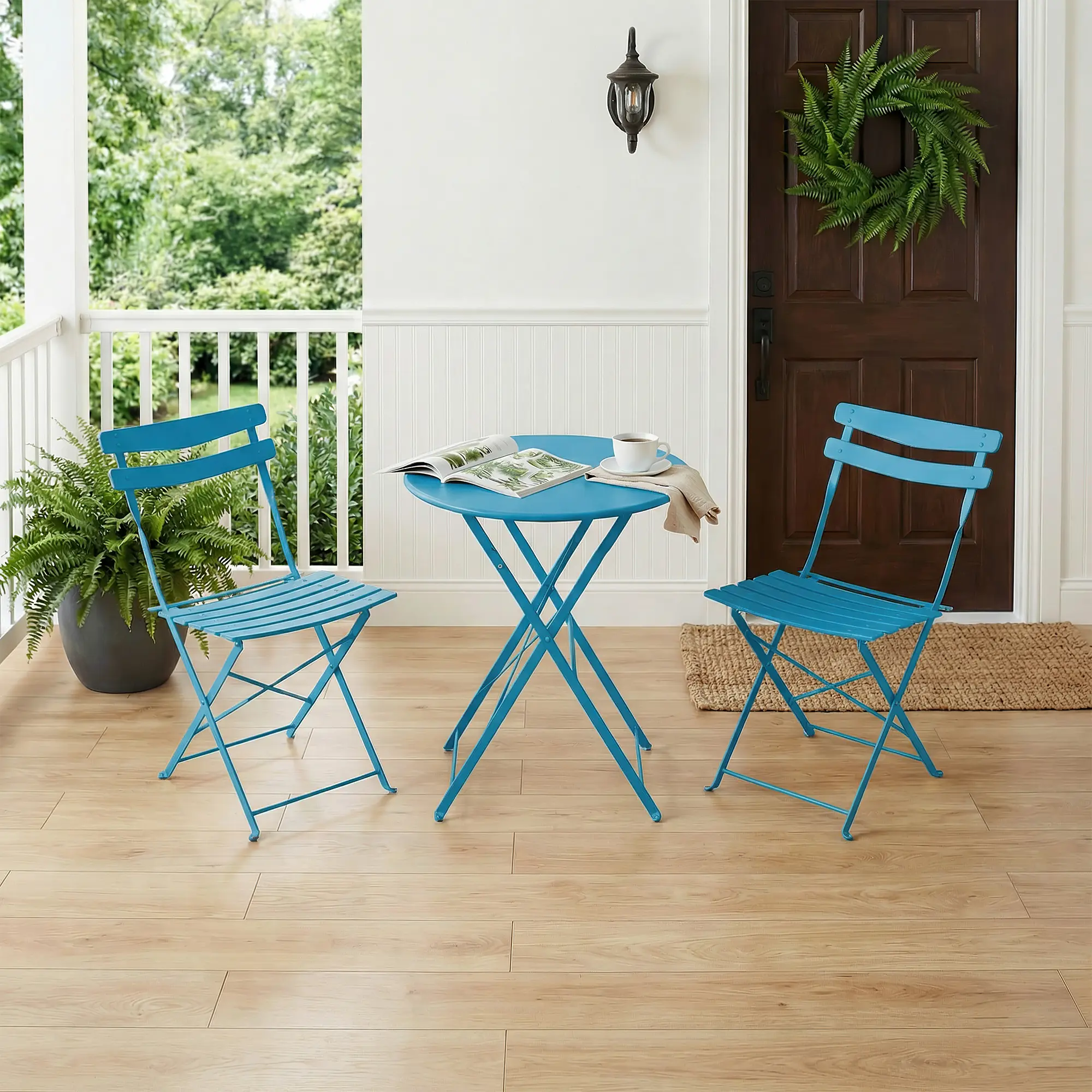 No Assembly Needed - 3-Piece collapsible Metal Bistro Set, Sturdy Steel Patio Table & 2 Chairs, Space-Saving Outdoor/Indoor Furniture for Balcony, Garden, Porch, Portable