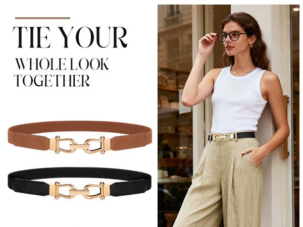 JASGOOD Women Stretchy Waist Belt Retro Elastic Skinny Belt for Ladies with Gold Buckle