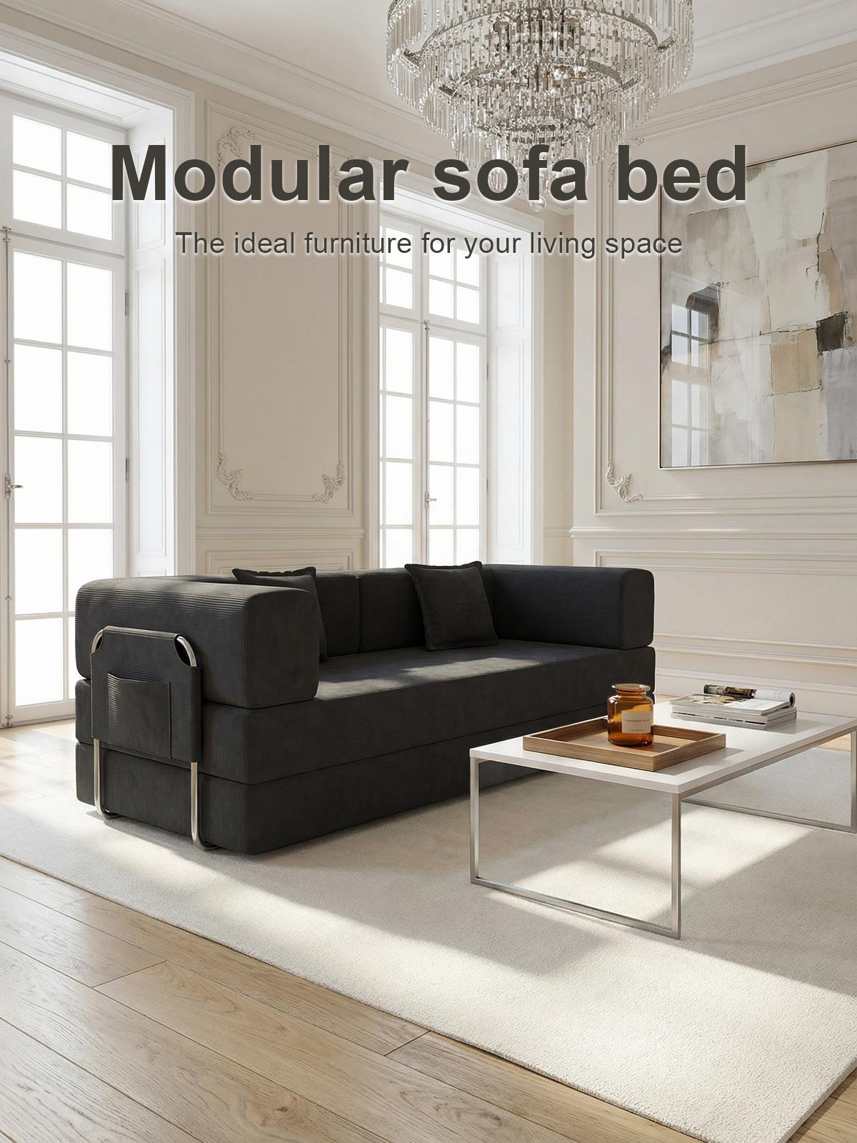 Compressed sofa, 79-inch convertible sofa bed, fixed frame, removable armrests, modular corduroy sofa bed, folding mattress sofa, suitable for small spaces - no assembly required, includes two pillows, black.