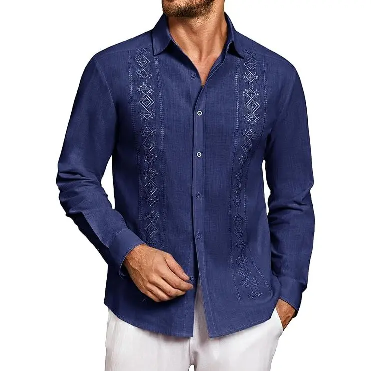 Runcati Men's Casual Cotton Linen Button Down Shirts Cuban Guayabera Shirt Long Sleeve Summer Beach Tops