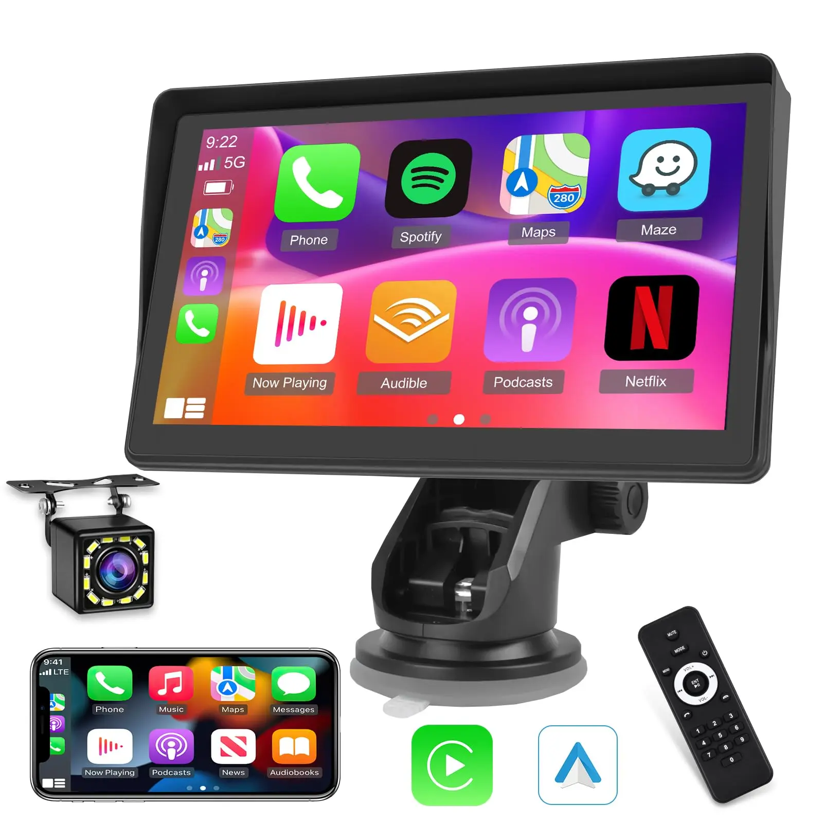 Summervibes 7-Inch Car Dashboard Screen Car Video Player - Wireless CarPlay, Android Auto System, GPS Navigation, Mirror Link, Bluetooth Transmitter, FM Transmitter, USB, 12LED Backup Camera (Father's Day Gift), Android Auto System Car Video Players