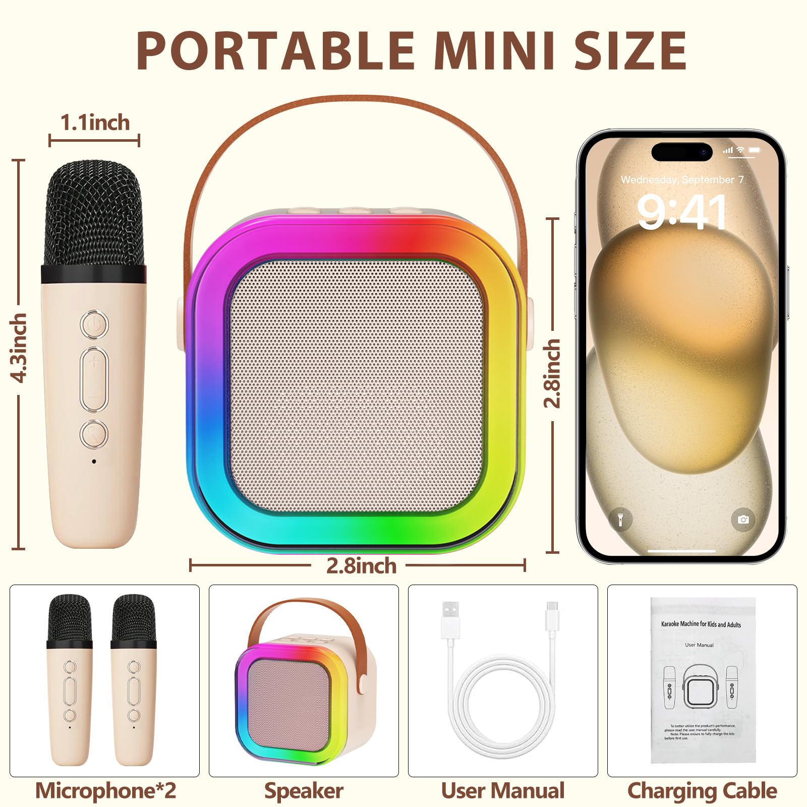Mini karaoke machine with microphone sound system, portable karaoke machine with 2 wireless microphones, birthday gifts for girls and children aged 4-12, family gatherings,TikTokShopBacktoSchool