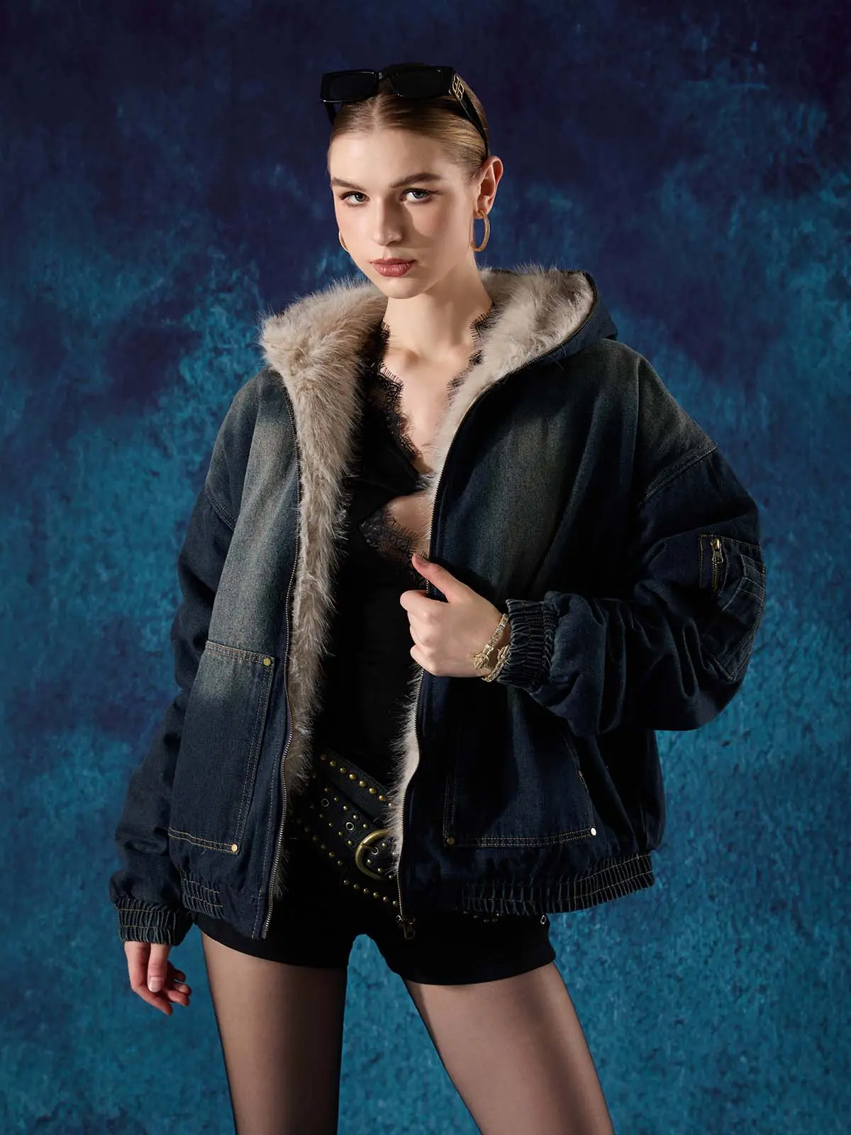 Supermade Faux Fur Lined Washed Denim Jacket, Hooded Streetwear Outerwear for Men & Women with Zippered Arm Pocket, Tops
