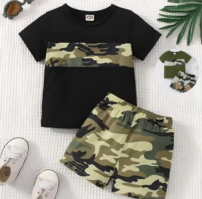 Ready Stock 9m-3y Toddler Boys Camo Splice Short Sleeve T-shirt Elastic Camouflage Shorts Set 2Pcs Summer Clothing 22403083