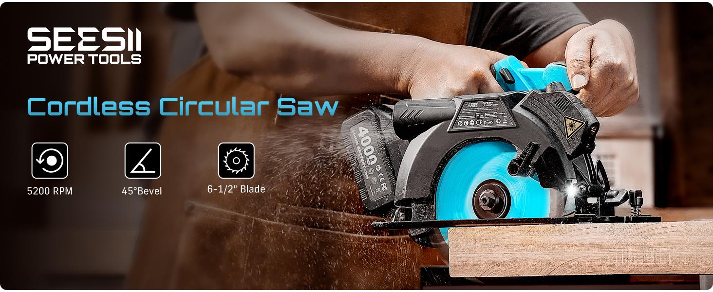 SEESII 21V MAX Cordless Circular Saw (6-1/2”) Luz, Guía láser, Recargable–2x 4Ah Batteries & Mango auxiliar incluido, 2-1/4” Cutting Depth, 5200 RPM, 0-45° Bevel Capacity, Portátil ajusten profundidad para proyectos al aire libre, Home DIY, Pro Use CS610