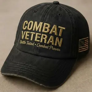 Combat Veteran Embroidered Washed Dad Hat, Battle Tested Combat Proven Military Style Baseball Cap, Veteran Pride Hat With USA Flag Patch