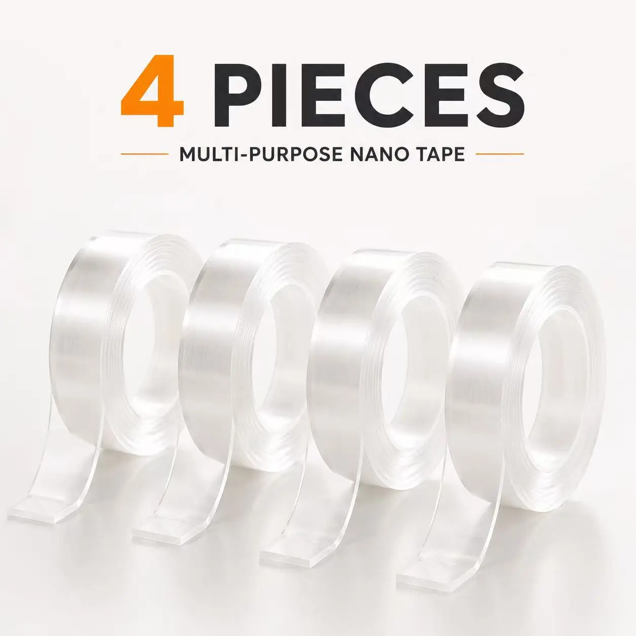4-Pack Nano Double-Sided Tape – Clear Removable Adhesive Tape, Washable, Reusable, No Residue, 9.5ft x 1.18in Each Roll