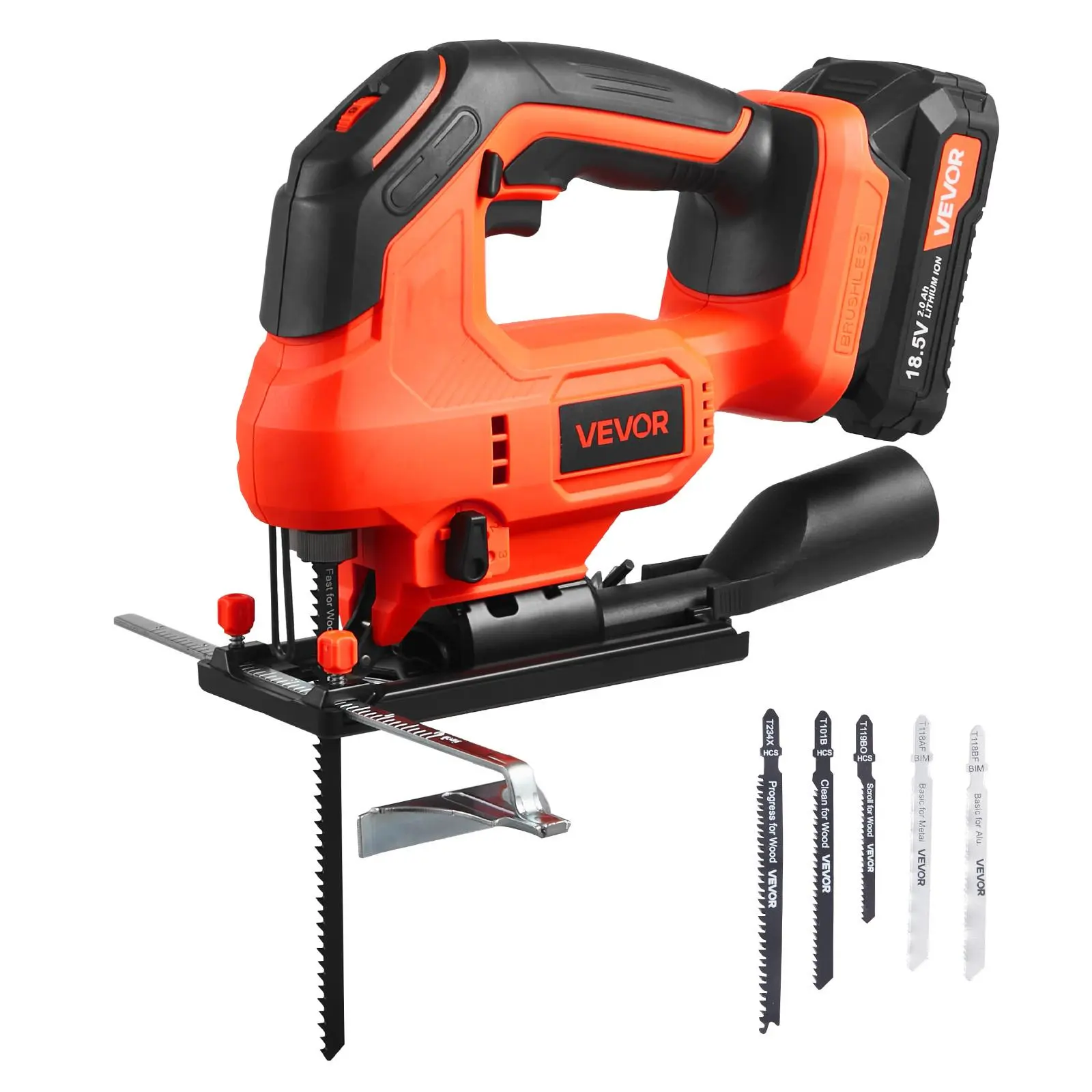 VEVOR 20V Brushless Cordless Jig Saw with Batteries, 3500 SPM Blade Speed, 6 Variable Speeds, 4 Orbital Modes, 0-45° Bevel Cuts, 6 Straight & Curved Blades, LED Light, Adjustable Depth & Angle, Wood & Metal Cutting (None, Other)