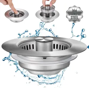 3-in-1 Kitchen Sink Drain Strainer & Stopper, Stainless Steel Anti-Clog Sink Filter Basket, Fast Drain Kitchen Sink Plug for 3.5 Inch US Standard Drain