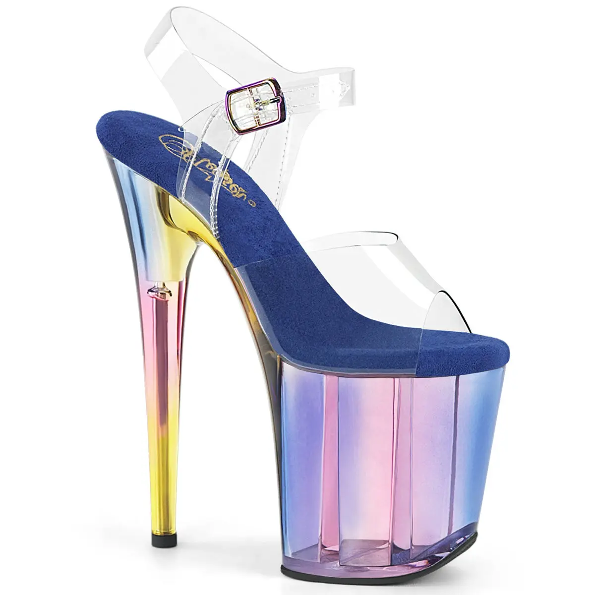 Pleaser Women's Flamingo-808HT Ankle Strap Stiletto Sandals Footwear - 8" Heel, Elegant Classy Evening Pleaser Heels with 4" Clear-Blue Holographic Tinted Platform, High Heels