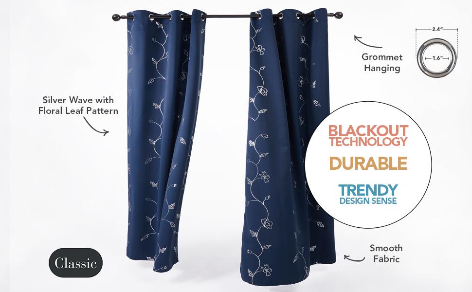 Deconovo Blackout Curtains,  Silver Wave with Flower Leaf Foil Print Curtain, Light Reduction Solid Grommet Drapes for Bedroom, 2 Panels curtain
