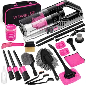 Viewsun Car Vacuum Cordless Rechargeable, 8000PA High Power Handheld Vacuum Cleaner with 17PCS Car Cleaning Kit, Pink Auto Accessories for Women Gift.
