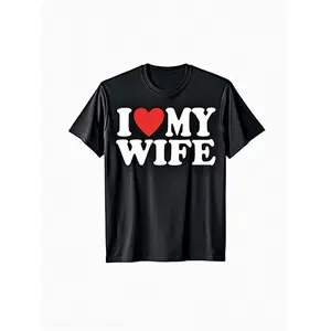 MenS Funny I Love My Wife Heart Graphic T-Shirt - Black with White & Red Print, Loose Fit Casual Crew Neck Short Sleeve Tee, All-Season Comfort for Husband Gift, Anniversary & Casual Attire, Durable Digital Print Design, I Love My Wife, Men Graphic