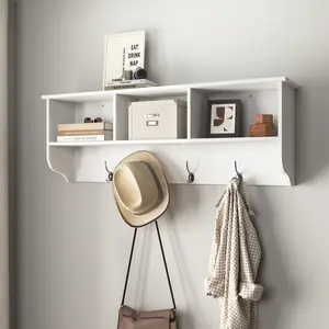 White Entryway Wall Mounted Coat Rack with 4 Dual Hooks Living Room Wooden Storage Shelf