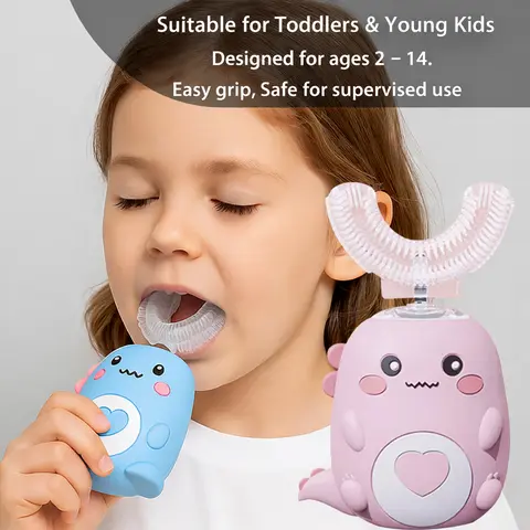 Kids Silicone Rechargeable Electric Toothbrush - Ultrasonic, 3 Silicone Cleansing Heads, 5 Modes, Cartoon Dinosaur Design, IPX7 Waterproof, Whitening, Massage, Timer, BPA-Free, USB Port, Toddler Oral Care Gift
