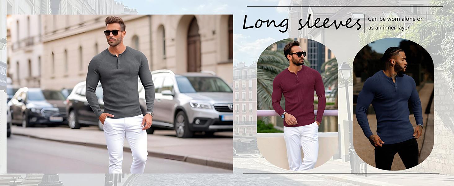 MUSCLE CMDR Men's Ribbed Slim Fit Long Sleeve Henley Shirt - Fitted Cotton Knit Basics Top, Button Detail, Father's Day Gift, Casual Menswear, Round Neck Male Clothing
