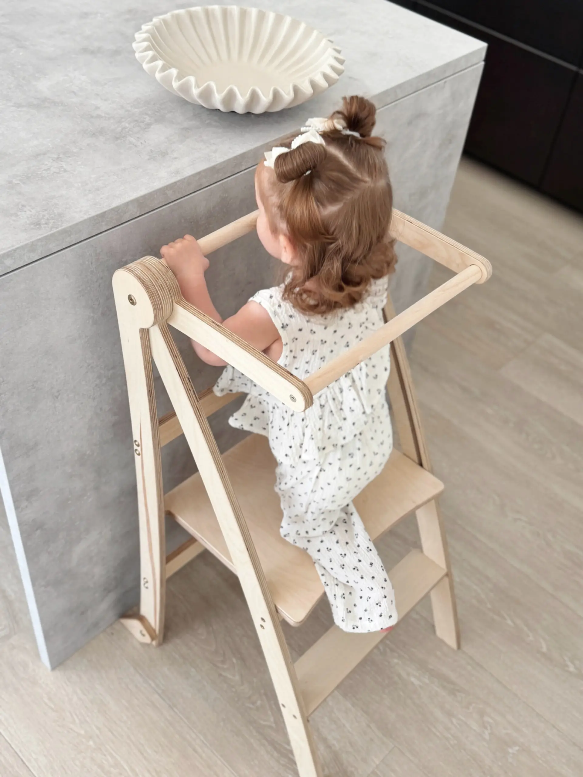 Montessori Foldable Learning Tower for Toddlers - Safe, Space-Saving Kids Step Stool with Anti-Tip Protection (Beige)