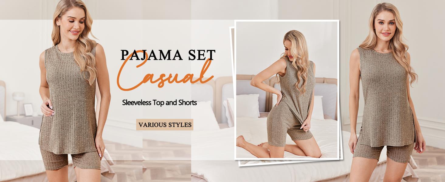 EKOUAER Spring Women's Clothing Sets Summer Striped Knitted Sleeveless Women's 2-Piece Set Cycling Shorts Casual Comfortable Set S-XXL