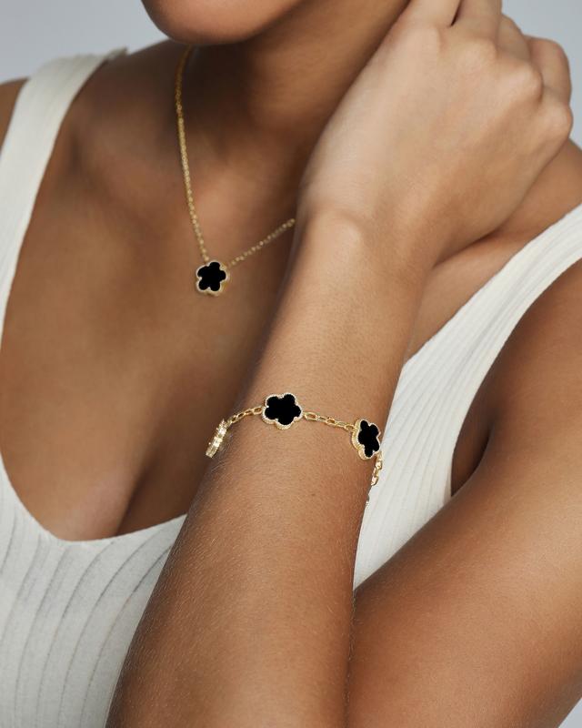 PAVOI 14K Gold Plated Clover Bracelets for Women - Flower Four Leaf Clover Bracelet - Mother of Pearl & Onyx Gemstone Lucky Flower Design - Adjustable Trendy Jewelry Gifts