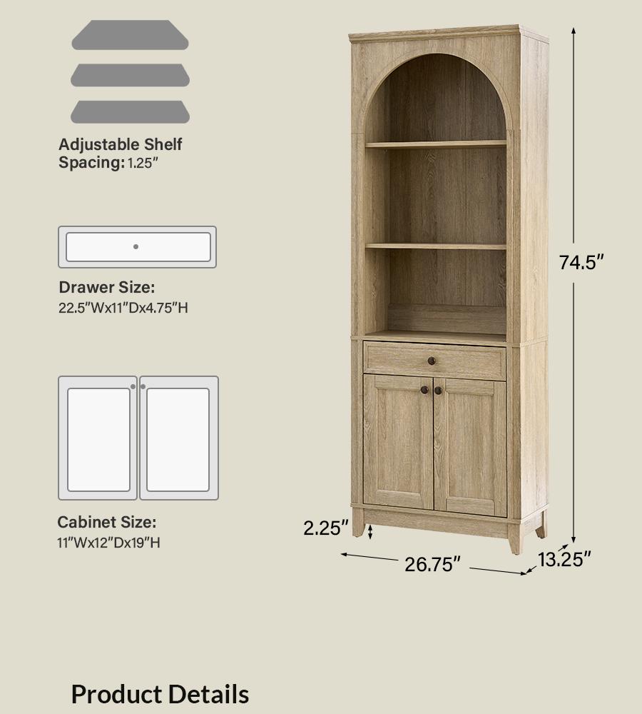 Hulala Baggio Modern Storage Bookcase with Smooth-Glide Drawer, Built-in LED Light, Arched Shape, Touch Switch for Three Lighting Options, Bookshelf, Living Room, Aesthetic