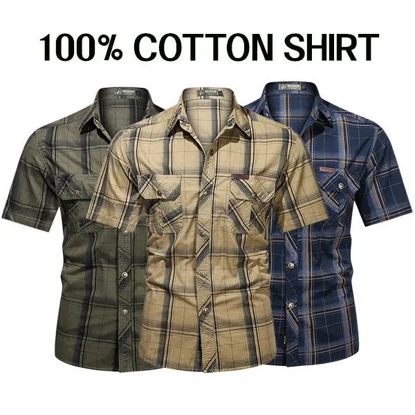 Men's Casual Workwear Shirt, Soft Cotton Plaid Short Sleeve with Pockets and Leather Details, Wicks Sweat, Pairs with Sneakers, Tops, Shortsleeve, Fabric