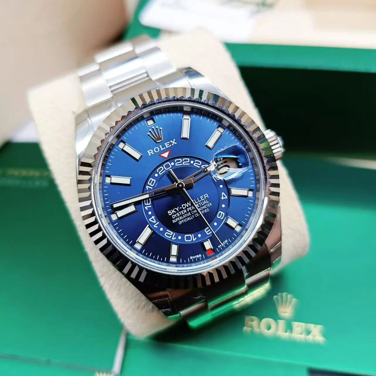 Pre-Owned Rolex Sky-Dweller Automatic Watch m326934-0003, 42mm White Rolesor, Annual Calendar GMT, Blue Dial, Unworn Full Set
