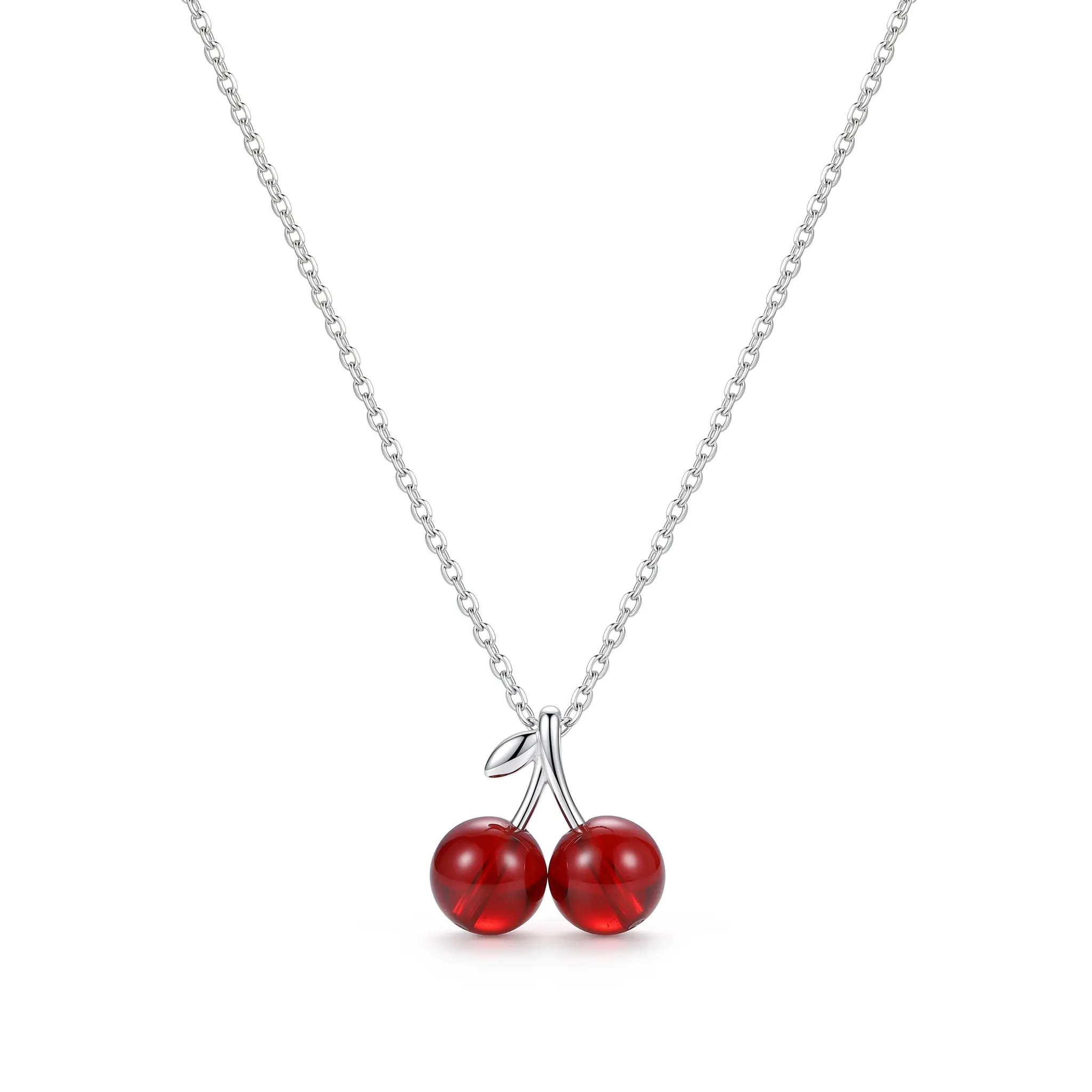 Silver Cherry Pendant Necklace - Elegant Red Bead Design for Women's Jewelry  S925