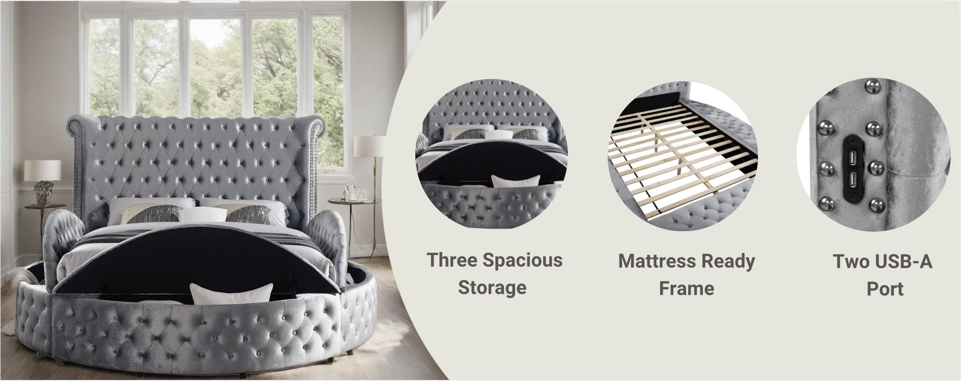 Velvora Platform Bed Frame with Storage, USB Ports & Wingback Tufted Headboard