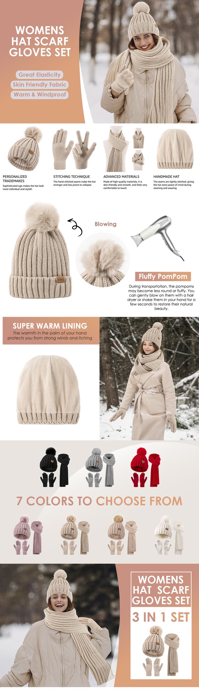 Winter Beanie Scarf and Gloves Set for Women Thick Knit Pom Pom Hat with Fleece Lining Long Neck Scarf and Touchscreen Gloves 3 in 1