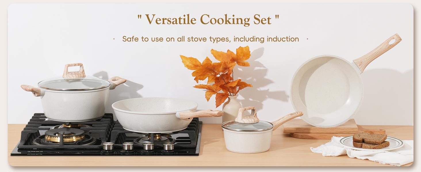 12Pcs Pots and Pans Set Non Stick Kitchen Cookware Sets Nonstick Induction Cookware Non-toxic White Granite Cooking Tools with Stay-Cool Handles, Silicone Tools (PFOS/PFOA Free)