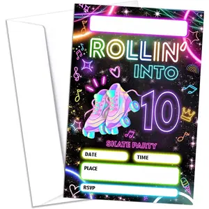 20 Pcs 4x6 Inch 10th Roller Skating Birthday Party Invitations with Envelopes, Roller Skate Theme Invites for Boys Girls Birthday Party Supplies