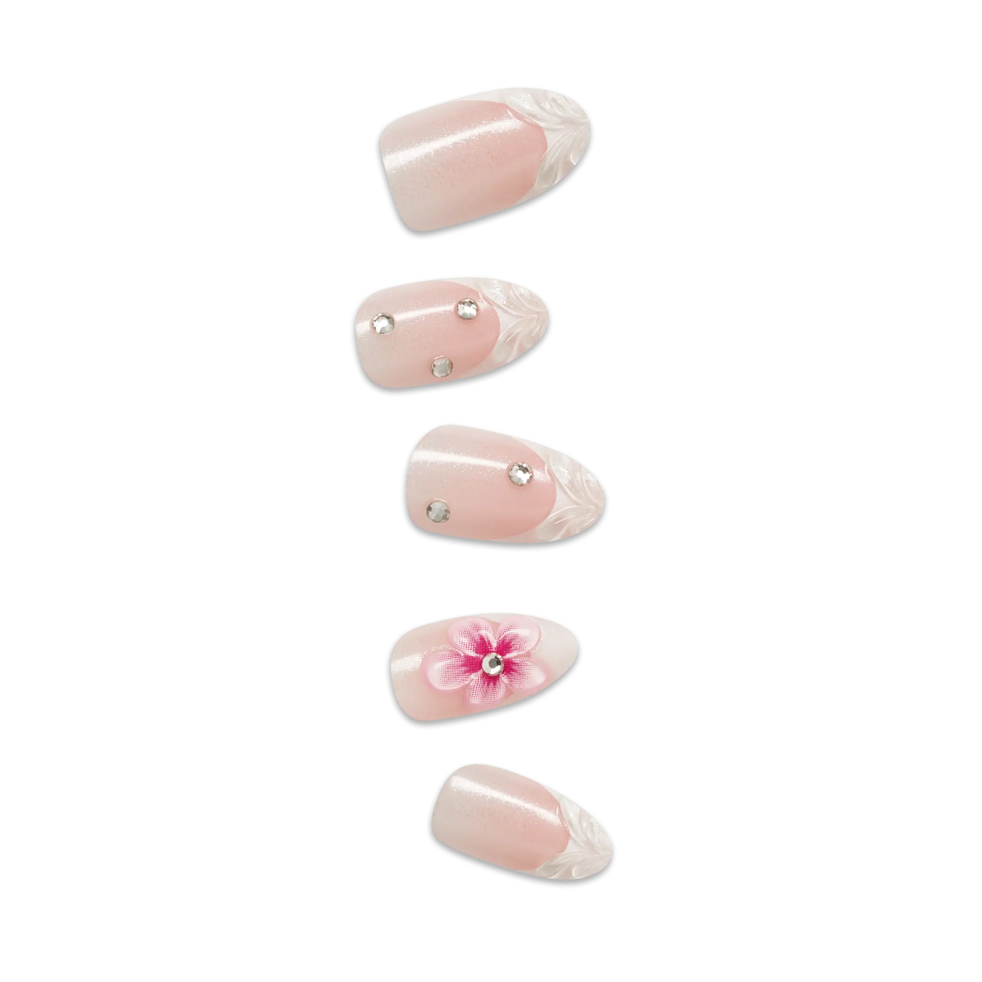 Impress Premium No Glue Fake Press On Nails - Couture-geous | 3D & Jewel French, Pink, Medium, Almond, Manicure