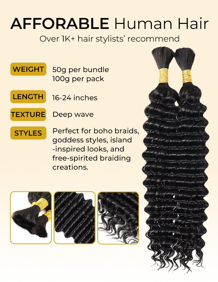 [LIVE-ONLY] Wequeen 12A Grade 100% Brazilian Bulk Hair Deep Wave 16″–24″ Salon‑Quality for Boho Box Knotless Goddess Braids Protective Styles