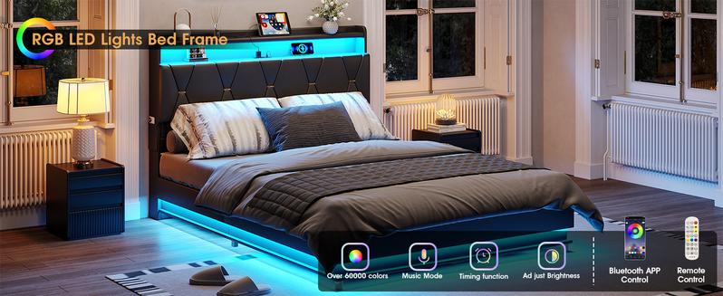 Vabches Lift Up Storage Bed Frame, Storage Headboard with Charging Station, LED Lights Upholstered Platform Bed, No Box Spring Needed, Noise-Free