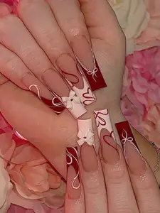 24pcs Acrylic French Manicure Medium Square Press-On Nails Set, Y2K Red Heart Shaped Artificial Nails, Suitable Nail Salons, Teenage Girls And Women Daily Wear And Holiday Party Decoration, Set