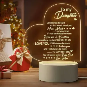 To My Daughter Acrylic Night Light - Heart-Shaped Engraved Lamp, "I Love You" Gift from Mom, USB Powered Bedroom Decor lawn small holiday decorative party farmhouse style table decor mini spooky halloween d book graduation solar pumpkin ghost light cup